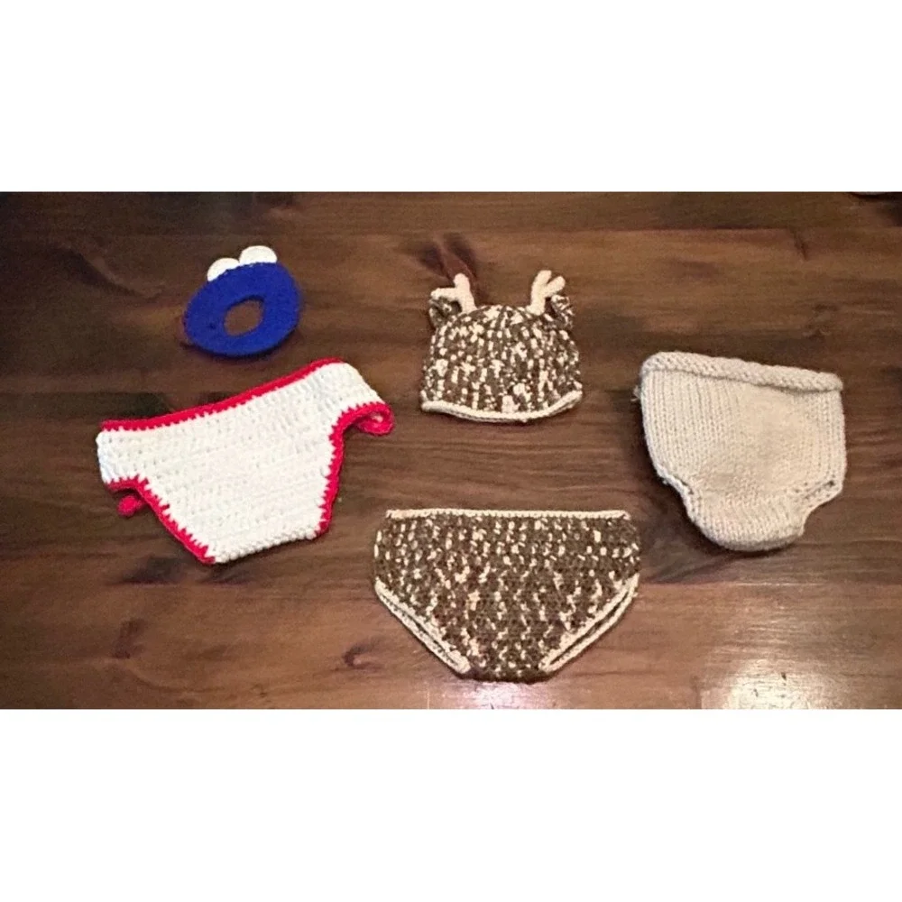 Crochet Knit Baby Bundle Deer Set Diaper‎ Covers Beanie Cookie Monster Homemade